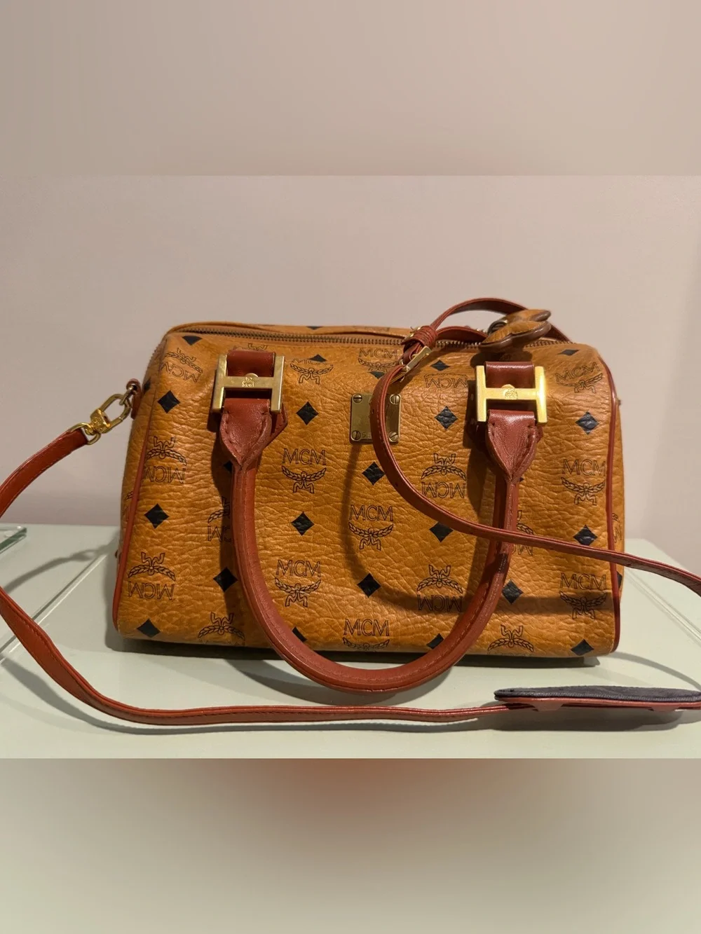 MCM Cognac Visetos Satchel with Gold Hardware